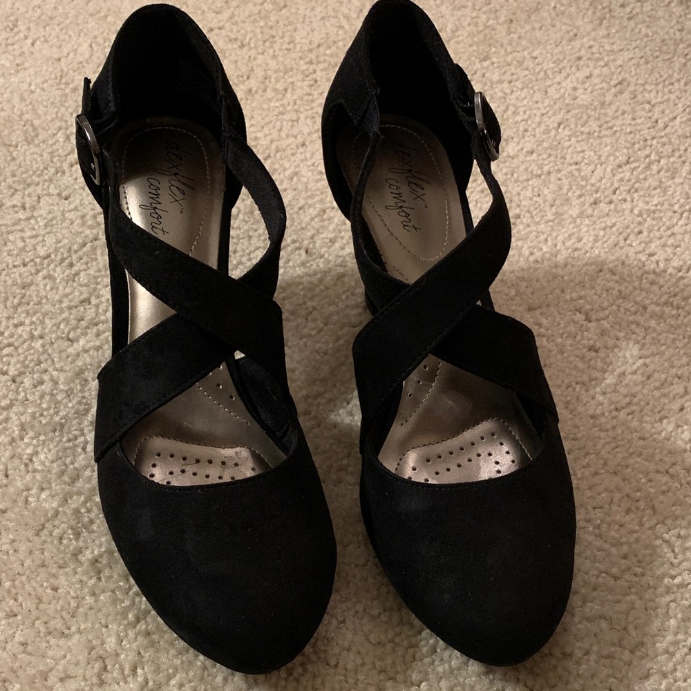 Dexflex Comfort - Black Faux Suede Criss Cross Round Toe Heeled Shoes Size 9 1/2